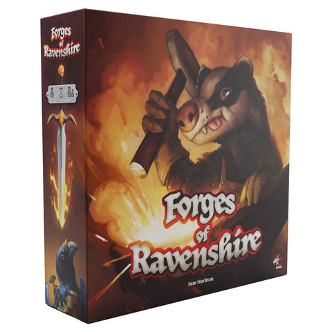 Forges of Ravenshire board game box featuring dramatic fantasy artwork of an anthropomorphic badger blacksmith wielding a large hammer against a fiery forge background. The game box displays the title in bold red and white lettering across the front, with designer credit to Sam Stockton at the bottom. The packaging uses warm orange and red tones throughout, with additional character artwork visible on the side panel showing adventuring companions.