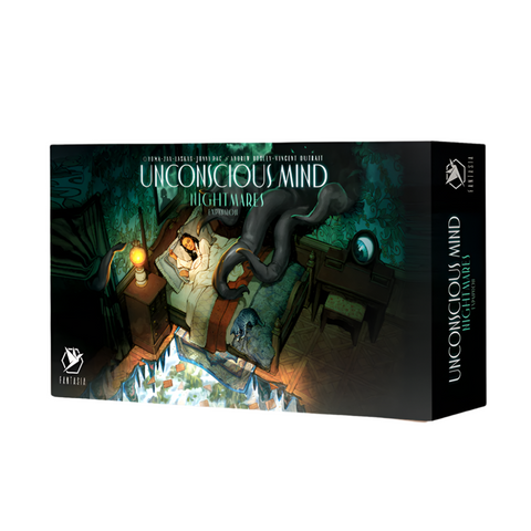 Unconscious Mind: Nightmares expansion box showing dark, atmospheric artwork of a person in distress surrounded by shadowy tentacle-like forms in a dimly lit room. The box features moody green and dark tones with horror-themed imagery including floating orbs of light and ominous supernatural elements.