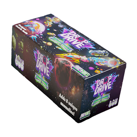 Drop Drive Strange Signals expansion box featuring vibrant space-themed artwork with cosmic imagery, planets, and sci-fi elements against a dark starfield background. The box displays colorful purple and green branding with "DROP DRIVE" and "Strange Signals" prominently featured on multiple sides. The packaging showcases dynamic illustrations of various space anomalies and celestial objects that represent the eight anomaly packs included in this expansion.