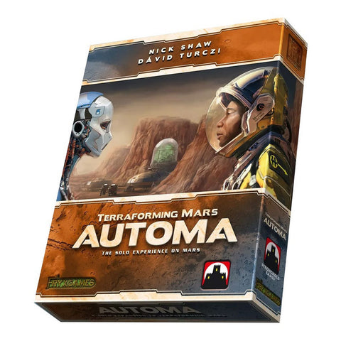 Terraforming Mars: Automa board game box featuring futuristic Mars colonization artwork with astronauts in space suits against a red Martian landscape. The box has an orange and metallic design with the game title prominently displayed, indicating it's a solo experience expansion for Terraforming Mars.