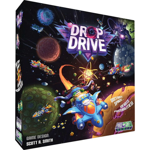 Drop Drive board game box featuring vibrant space-themed artwork with colorful spaceships, planets, and cosmic elements scattered across a starry background. The game's title appears prominently in bold purple and white lettering, with designer Scott R. Smith credited at the bottom left. The box art showcases the game's space exploration theme with detailed illustrations of alien vessels, celestial bodies, and cosmic debris floating in a dynamic galaxy setting.