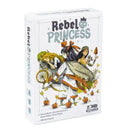Rebel Princess board game box featuring whimsical cartoon artwork of three fairy tale princesses in various poses. The box has a white background with the game title "Rebel Princess" prominently displayed in black and mint green lettering, topped with a small skull wearing a crown. 