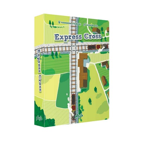 he box art shows a top-down view of a train route with wooden railway bridges, rolling hills, and scattered buildings in vibrant greens and yellows. The game title "Express Cross" is prominently displayed across the top of the package in bold lettering.