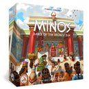 Minos: Dawn of the Bronze Age board game box featuring colorful artwork of ancient Minoan civilization with people in traditional dress on temple steps. The box shows a detailed illustration of a Minoan palace with red columns, decorated walls, and figures carrying goods and offerings in a peaceful, prosperous setting.
