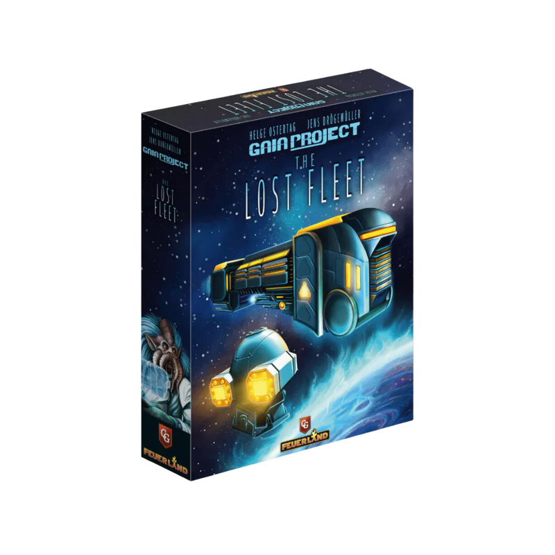 Gaia Project: The Lost Fleet board game box featuring a space scene with futuristic spacecraft and glowing yellow engines against a starry blue nebula background. The box displays the Gaia Project logo prominently at the top.