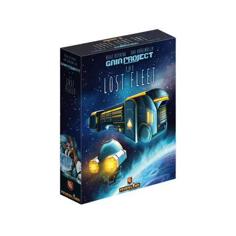 Gaia Project: The Lost Fleet board game box featuring a space scene with futuristic spacecraft and glowing yellow engines against a starry blue nebula background. The box displays the Gaia Project logo prominently at the top.