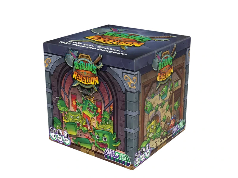 Boblin's Rebellion board game box featuring colorful fantasy artwork with green goblins emerging from a stone dungeon archway. The box displays vibrant illustrations of various goblin characters wielding weapons and tools, set against a medieval dungeon backdrop with wooden and stone elements. The game's title appears prominently at the top in bold, stylized lettering with orange and green colors.