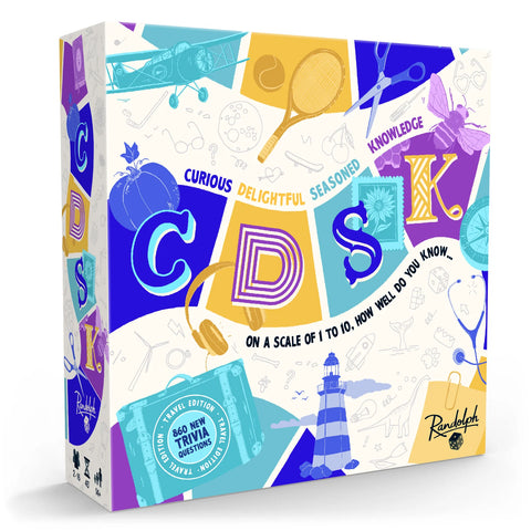 CDSK Travel Edition board game box featuring colorful geometric design with large letters C, D, S, K in blue, yellow, teal, and purple sections. The box displays "CURIOUS DELIGHTFUL SEASONED KNOWLEDGE" across a banner and includes travel-themed illustrations like an airplane, lighthouse, and tennis racket scattered throughout.