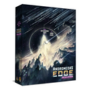 Andromeda's Edge: Escalation board game expansion box featuring dramatic space artwork with a starship flying through a cosmic storm toward mountainous alien terrain. The box displays vibrant purple and gold branding against a dark starfield background with streaking meteors or energy beams.
