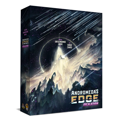 Andromeda's Edge: Escalation board game expansion box featuring dramatic space artwork with a starship flying through a cosmic storm toward mountainous alien terrain. The box displays vibrant purple and gold branding against a dark starfield background with streaking meteors or energy beams.