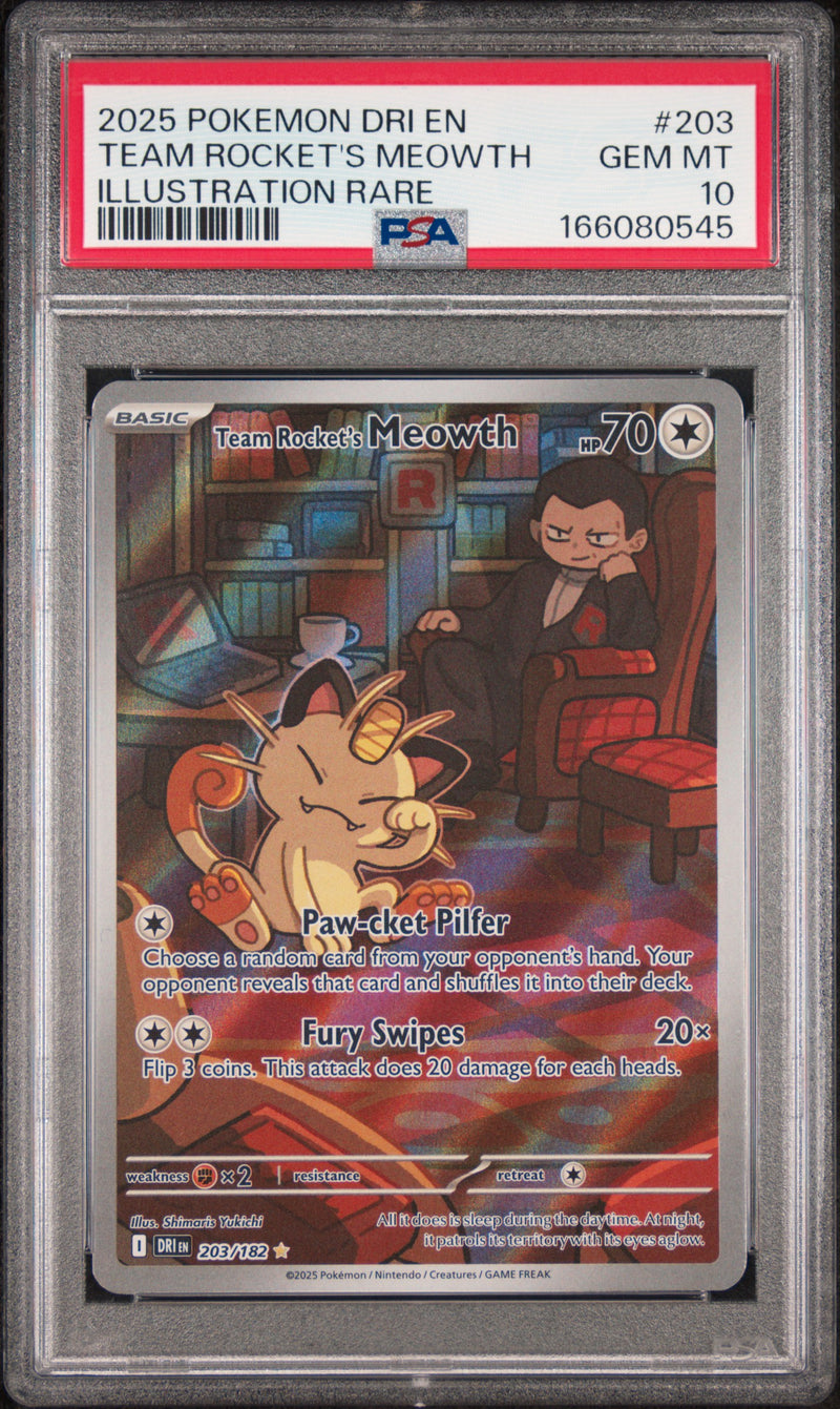 PSA GEM MT 10 Team Rocket'S Meowth (203/182) [Dri En-Destined Rivals] - 166080545