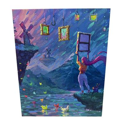 Canvas board game box art featuring a fantasy scene with a person climbing a rope ladder toward floating, glowing picture frames suspended in a starry night sky. The dreamy illustration shows lanterns hanging from above, a windmill silhouette in the background, and paper boats floating on water below, all rendered in rich purples and blues.