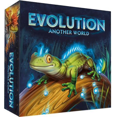 Evolution: Another World board game box featuring a vibrant fantasy creature with green skin, orange eyes, and blue fins perched on a glowing wooden branch. The box art showcases a mystical nighttime scene with ethereal blue lighting effects and floating orbs of light.