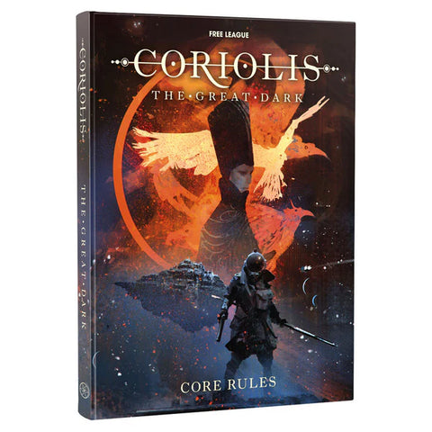 Coriolis core ruleook book featuring two characters on top of a celestial background.