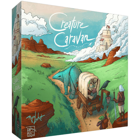 Creature Caravan board game box featuring colorful fantasy artwork with a covered wagon traveling through a green landscape with red rock formations and cloudy skies. The illustration shows adventurers, creatures, and various fantasy elements in a whimsical art style against rolling hills and distant mountains. The game's title appears in elegant white script lettering across the top portion of the box.