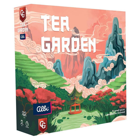 Box cover of Tea Garden board game featuring a stylized landscape with vibrant colors. The scene displays a peaceful garden with a small pagoda, red flowering trees, and terraced green hillsides against a backdrop of blue mountains and pink sky with swirling clouds. The game title is prominently displayed in white letters at the top of the box.