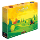 La Famiglia: The Great Mafia War board game box featuring vibrant artwork of rolling green Sicilian hills with cypress trees and a vintage car. The box has a golden yellow sky gradient transitioning to emerald green landscapes, with the game title prominently displayed in an ornate banner at the top. 
