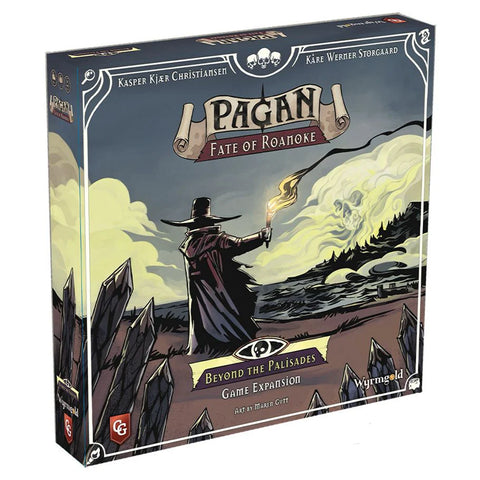 Box art for 'Pagan: Fate of Roanoke - Beyond the Palisades' game expansion showing a cloaked figure holding a torch with a ghostly skull appearing in the smoke against a dramatic sky.