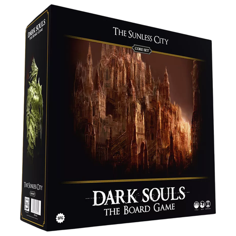 Dark Souls: The Board Game - The Sunless City Core Set box featuring dramatic artwork of a towering, gothic cathedral-like structure with intricate spires and architecture rendered in warm bronze and amber tones.