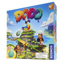 Dodo board game box featuring a colorful tropical island scene with a large toucan perched on a moss-covered stone tower, holding rainbow-colored tail feathers above two small children characters. The vibrant artwork shows a paradise setting with blue waters, lush greenery, and cloudy skies, with the Kosmos publisher logo visible on the right side. 