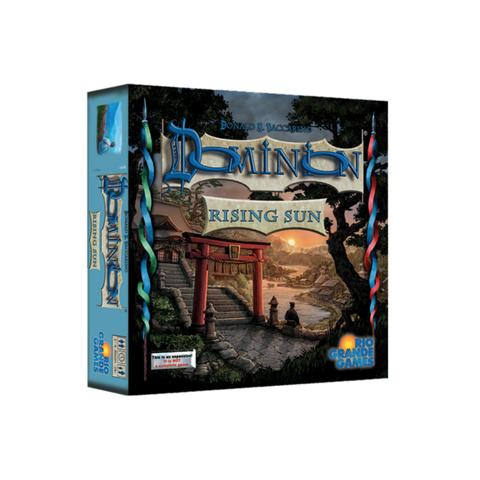 Dominion: Rising Sun expansion box featuring a Japanese-inspired design with a traditional red torii gate set against a sunset landscape. The box art depicts stone steps leading up to the gate with silhouetted figures, surrounded by lush greenery and trees in a serene, atmospheric scene. The packaging displays the distinctive blue Dominion branding.
