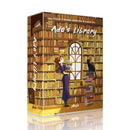 Ada's Library board game box showing colorful artwork of a woman in a purple dress reaching for books on towering library shelves filled with hundreds of books in warm brown and golden tones.