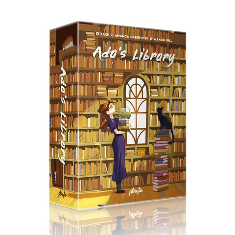 Ada's Library board game box showing colorful artwork of a woman in a purple dress reaching for books on towering library shelves filled with hundreds of books in warm brown and golden tones.