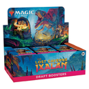 The Lost Caverns of Ixalan Draft Booster Display Box featuring colorful dinosaur artwork with prehistoric creatures emerging from blue caverns. The retail display shows multiple draft booster packs arranged in the box with vibrant package art depicting explorers encountering dinosaurs. 