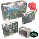 The Dead Keep board game collection showing four game boxes and red miniature figures arranged together with a Kickstarter logo. The boxes feature dark fantasy artwork with goblins, trolls, and dungeon scenes in rich greens and earth tones.