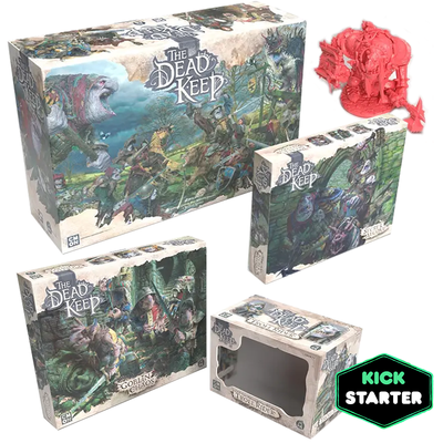 The Dead Keep board game collection showing four game boxes and red miniature figures arranged together with a Kickstarter logo. The boxes feature dark fantasy artwork with goblins, trolls, and dungeon scenes in rich greens and earth tones.