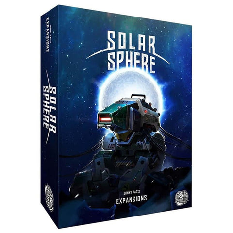 Solar Sphere board game expansion box featuring a futuristic robot mech against a starry space backdrop with a glowing celestial body. 
