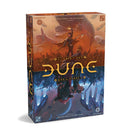 Dune: War for Arrakis board game box featuring dramatic split artwork with orange desert battle scene on top and blue underground caverns below. The box shows the iconic Dune logo prominently displayed in golden letters across the center, with "War for Arrakis" subtitle beneath. 