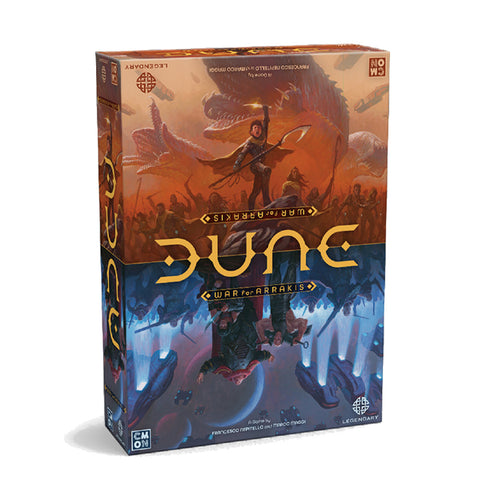 Dune: War for Arrakis board game box featuring dramatic split artwork with orange desert battle scene on top and blue underground caverns below. The box shows the iconic Dune logo prominently displayed in golden letters across the center, with "War for Arrakis" subtitle beneath. 