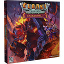 Clank! Catacombs Underworld board game box featuring dramatic fantasy artwork with a red demon-like creature breathing fire and adventurers with glowing weapons in an underground cavern setting. The box displays the game's logo prominently at the top with decorative stone-carved lettering against a purple and orange fiery background. 