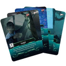 e promo game cards from the board game Nemesis are fanned out, showing dark sci-fi themed artwork featuring characters in spacesuits and alien environments.