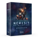 Nemesis Retaliation Spacecats expansion box featuring cybernetic cat miniatures in space suits against a cosmic starfield background. The dark blue packaging shows several detailed cat figures with glowing red mechanical components and space gear.