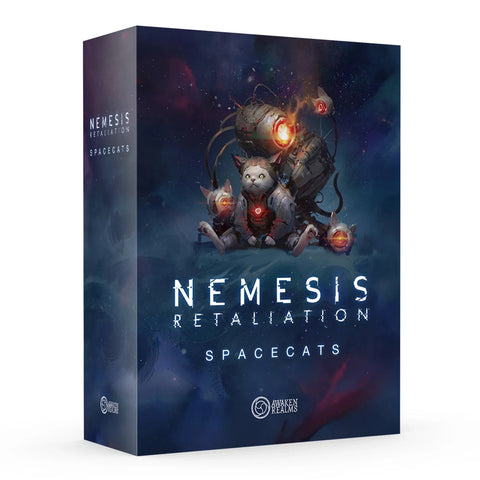 Nemesis Retaliation Spacecats expansion box featuring cybernetic cat miniatures in space suits against a cosmic starfield background. The dark blue packaging shows several detailed cat figures with glowing red mechanical components and space gear.