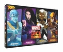 Marvel Dice Throne X-Men Box 1 board game package featuring four X-Men character portraits in colorful comic book art style. The box shows Iceman with blue skin and ice powers, Psylocke in purple attire, Storm with white hair and lightning effects, and Wolverine in his classic yellow and brown costume with claws extended. The Marvel and Dice Throne logos are prominently displayed against a dark background with dynamic superhero styling.