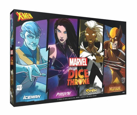 Marvel Dice Throne X-Men Box 1 board game package featuring four X-Men character portraits in colorful comic book art style. The box shows Iceman with blue skin and ice powers, Psylocke in purple attire, Storm with white hair and lightning effects, and Wolverine in his classic yellow and brown costume with claws extended. The Marvel and Dice Throne logos are prominently displayed against a dark background with dynamic superhero styling.