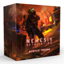 Nemesis Retaliation Acrylic Tokens box featuring dramatic sci-fi artwork of an armored figure with glowing goggles navigating through a fiery, orange-lit spaceship corridor. The product packaging displays bold white text identifying the game name and token set against intense red and orange lighting effects. 