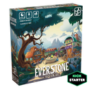 Everstone: Discovering Ignis board game box featuring colorful fantasy artwork of a whimsical settlement with wooden buildings, colorful rooftops, and a large tree in the foreground. The illustrated scene depicts a medieval-style town with various structures including towers, shops, and houses set against a cloudy sky backdrop.