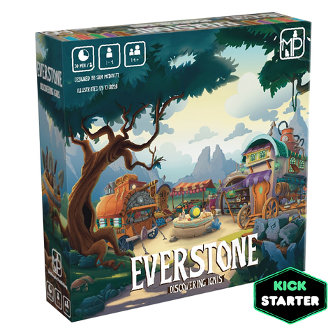 Everstone: Discovering Ignis board game box featuring colorful fantasy artwork of a whimsical settlement with wooden buildings, colorful rooftops, and a large tree in the foreground. The illustrated scene depicts a medieval-style town with various structures including towers, shops, and houses set against a cloudy sky backdrop.