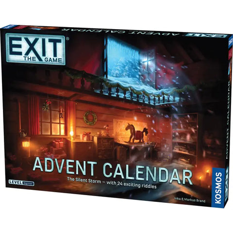 EXIT: The Game Advent Calendar box featuring a cozy winter cabin scene with warm glowing windows and snow-covered roof. The Kosmos publisher logo appears in the bottom right corner of the dark-toned packaging.
