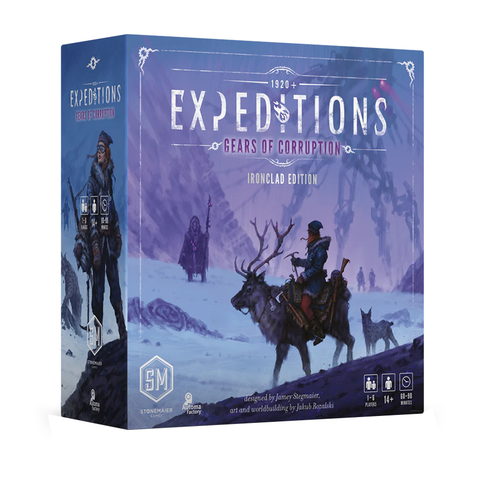Expeditions: Gears of Corruption Ironclad Edition board game box featuring dramatic arctic artwork with explorers, a reindeer rider, and mechanical threats in a purple-tinted snowy landscape. The box displays the game's logo prominently at the top with ornate decorative borders.