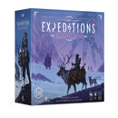 Expeditions: Gears of Corruption board game box featuring dramatic arctic expedition artwork with explorers, a reindeer rider, and mysterious figures in a purple-tinted snowy landscape. The box displays the game's title in bold white lettering against the moody winter scene.