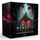 Nemesis Retaliation Sangrevores Expansion board game box featuring dark sci-fi horror artwork with a towering biomechanical creature surrounded by glowing red eyes and mechanical elements. The product name 'NEMESIS RETALIATION' and 'SANGREVORES EXPANSION' are prominently displayed in white text at the bottom of the packaging.
