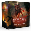 Nemesis Retaliation Acrylic Tokens product box featuring dark sci-fi artwork with an armored figure wielding red energy weapons against a metallic industrial backdrop.