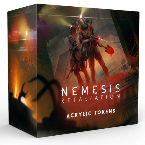 Nemesis Retaliation Acrylic Tokens product box featuring dark sci-fi artwork with an armored figure wielding red energy weapons against a metallic industrial backdrop.
