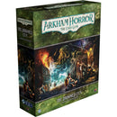 Box art for Arkham Horror: The Card Game - The Drowned City Campaign Expansion featuring a green cosmic-themed box with Lovecraftian artwork. The dramatic cover illustration shows a city street being overwhelmed by tentacled creatures and supernatural forces.