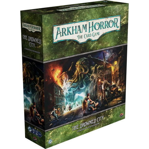 Box art for Arkham Horror: The Card Game - The Drowned City Campaign Expansion featuring a green cosmic-themed box with Lovecraftian artwork. The dramatic cover illustration shows a city street being overwhelmed by tentacled creatures and supernatural forces.